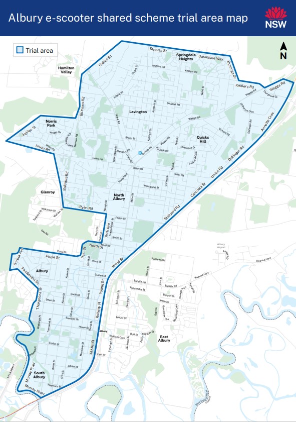Albury e-scooter shared scheme trial area map